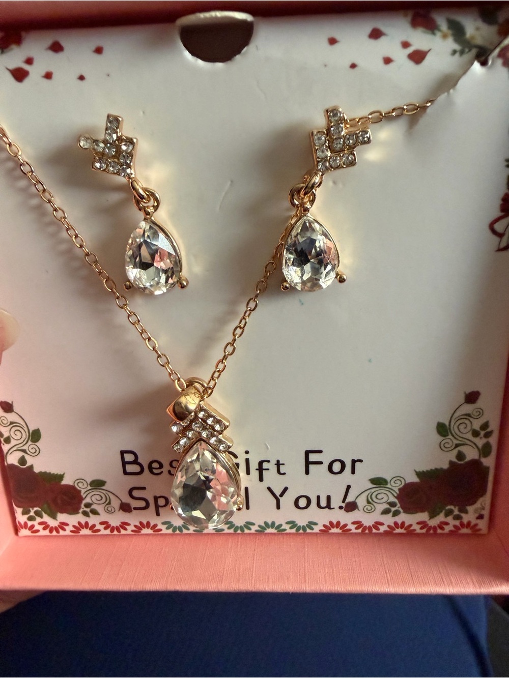 Gold Teardrop Crystal Pendant Necklace with Matching Earrings - Clear Stones